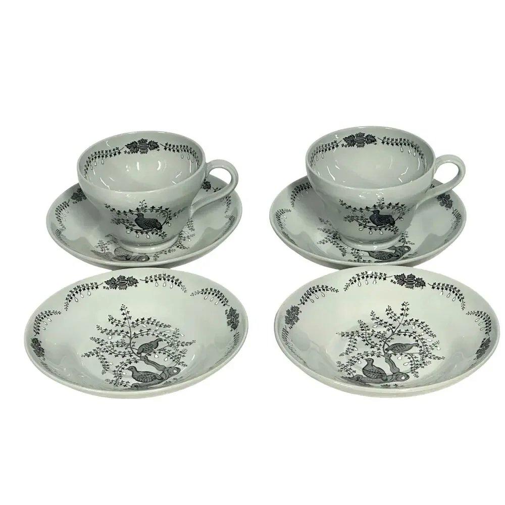 Wedgwood 1957-1964 Retired 'Partridge in a Pear Tree' 2 Footed Cups/4 Saucers